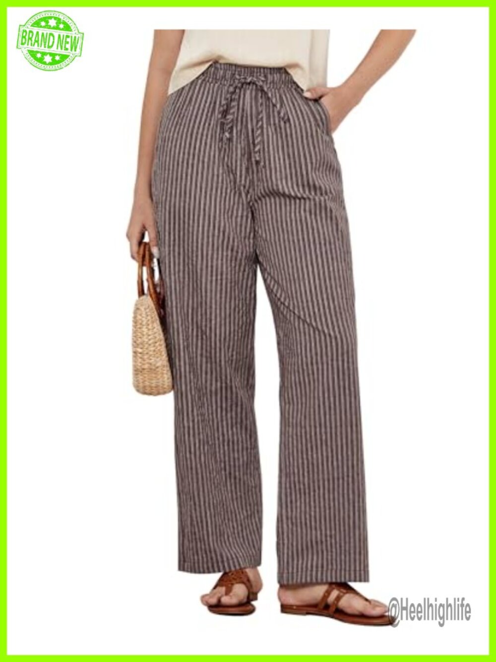 Striped Wide Leg Cotton Linen Pull On Pants High Waisted Drawstring Flowy Beach